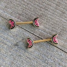 Load image into Gallery viewer, 14G 9/16 Gold Tone Watermelon Bite Barbell Nipple Ring Set
