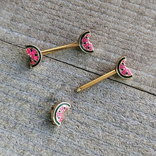 Load image into Gallery viewer, 14G 9/16 Gold Tone Watermelon Bite Barbell Nipple Ring Set
