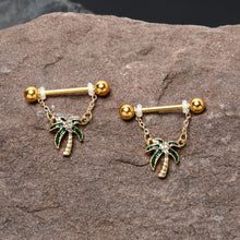 Load image into Gallery viewer, 14G 9/16 Clear Gem Gold Hue Palm Tree Style Dangle Nipple Ring Set
