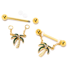 Load image into Gallery viewer, 14G 9/16 Clear Gem Gold Hue Palm Tree Style Dangle Nipple Ring Set
