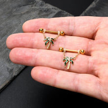 Load image into Gallery viewer, 14G 9/16 Clear Gem Gold Hue Palm Tree Style Dangle Nipple Ring Set
