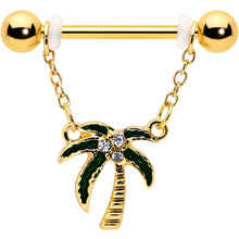 Load image into Gallery viewer, 14G 9/16 Clear Gem Gold Hue Palm Tree Style Dangle Nipple Ring Set
