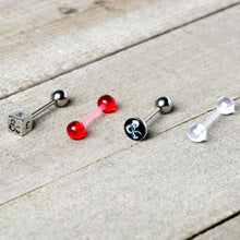 Load image into Gallery viewer, Licensed Dungeons &amp; Dragons Dice Red Clear Barbell Tongue Ring Set of 4
