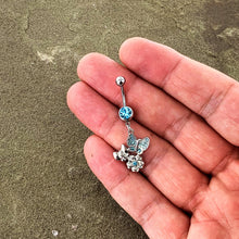 Load image into Gallery viewer, Blue Gem Butterflies Tiny Flower Dangle Belly Ring
