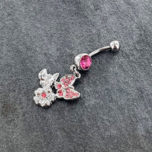 Load image into Gallery viewer, Pink Gem Butterflies Tiny Flower Dangle Belly Ring
