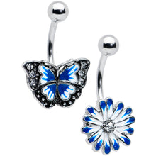 Load image into Gallery viewer, Clear Gem Butterfly Flower Blue White Belly Ring Set of 2
