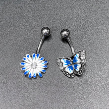 Load image into Gallery viewer, Clear Gem Butterfly Flower Blue White Belly Ring Set of 2
