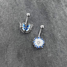 Load image into Gallery viewer, Clear Gem Butterfly Flower Blue White Belly Ring Set of 2
