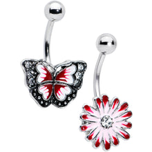 Load image into Gallery viewer, Clear Gem Red Light Pink Butterfly Flower Belly Ring Set of 2
