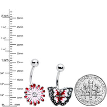 Load image into Gallery viewer, Clear Gem Red Light Pink Butterfly Flower Belly Ring Set of 2
