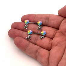 Load image into Gallery viewer, 14G 9/16 Clear Gem Pride Rainbow Flower Dangle Nipple Ring Set

