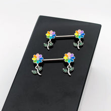 Load image into Gallery viewer, 14G 9/16 Clear Gem Pride Rainbow Flower Dangle Nipple Ring Set
