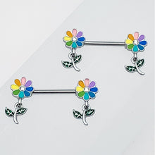 Load image into Gallery viewer, 14G 9/16 Clear Gem Pride Rainbow Flower Dangle Nipple Ring Set
