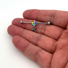 Load image into Gallery viewer, 14G Clear Gem Pride Rainbow Flower Dangle Industrial Barbell 38mm
