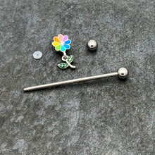Load image into Gallery viewer, 14G Clear Gem Pride Rainbow Flower Dangle Industrial Barbell 38mm
