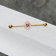Load image into Gallery viewer, 14G Clear Pink Gem Gold Tone Open Eye Industrial Barbell 38mm
