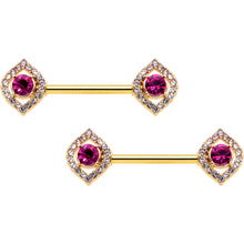 Load image into Gallery viewer, 14G 9/16 Clear Pink Gem Gold Tone Open Eye Barbell Nipple Ring Set
