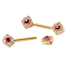 Load image into Gallery viewer, 14G 9/16 Clear Pink Gem Gold Tone Open Eye Barbell Nipple Ring Set
