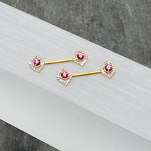 Load image into Gallery viewer, 14G 9/16 Clear Pink Gem Gold Tone Open Eye Barbell Nipple Ring Set
