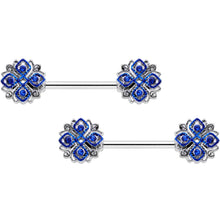 Load image into Gallery viewer, 14G 9/16 Clear Blue Gem Embellished Cross Barbell Nipple Ring Set
