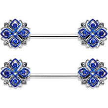 Load image into Gallery viewer, 14G 9/16 Clear Blue Gem Embellished Cross Barbell Nipple Ring Set
