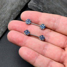 Load image into Gallery viewer, 14G 9/16 Clear Blue Gem Embellished Cross Barbell Nipple Ring Set
