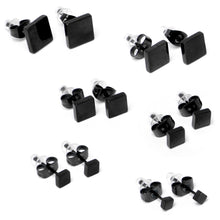 Load image into Gallery viewer, 3mm-8mm Square Stud Black 316L Stainless Steel Earrings 6 Pack
