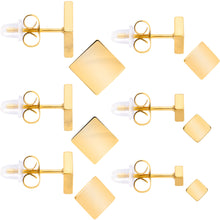 Load image into Gallery viewer, 3mm-8mm Square Stud Gold Tone 316L Stainless Steel Earrings 6 Pack
