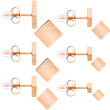Load image into Gallery viewer, 3mm-8mm Square Stud Rose Gold Tone 316L Stainless Steel Earrings 6 Pack
