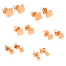 Load image into Gallery viewer, 3mm-8mm Square Stud Rose Gold Tone 316L Stainless Steel Earrings 6 Pack
