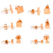 Load image into Gallery viewer, 3mm-8mm Square Stud Rose Gold Tone 316L Stainless Steel Earrings 6 Pack
