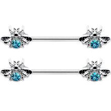 Load image into Gallery viewer, 14G 9/16 Blue Gem Bee Beautiful Insect Barbell Nipple Ring Set
