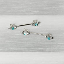 Load image into Gallery viewer, 14G 9/16 Blue Gem Bee Beautiful Insect Barbell Nipple Ring Set
