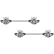 Load image into Gallery viewer, 14G 9/16 Clear Gem Bee Beautiful Insect Barbell Nipple Ring Set
