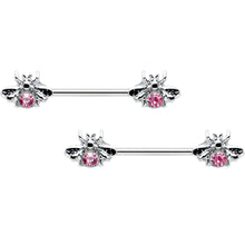 Load image into Gallery viewer, 14G 9/16 Pink Gem Bee Beautiful Insect Barbell Nipple Ring Set
