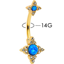 Load image into Gallery viewer, Blue Synthetic Opal Gold Tone Rhombus Duo Double Mount Belly Ring
