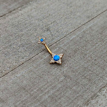 Load image into Gallery viewer, Blue Synthetic Opal Gold Tone Rhombus Duo Double Mount Belly Ring
