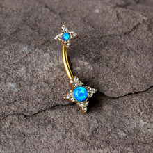 Load image into Gallery viewer, Blue Synthetic Opal Gold Tone Rhombus Duo Double Mount Belly Ring
