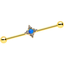 Load image into Gallery viewer, 14G Blue Synthetic Opal Gold Tone Rhombus Industrial Barbell 38mm
