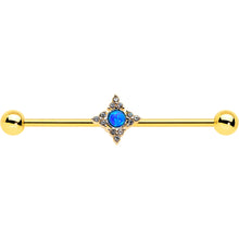 Load image into Gallery viewer, 14G Blue Synthetic Opal Gold Tone Rhombus Industrial Barbell 38mm
