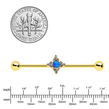Load image into Gallery viewer, 14G Blue Synthetic Opal Gold Tone Rhombus Industrial Barbell 38mm
