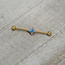 Load image into Gallery viewer, 14G Blue Synthetic Opal Gold Tone Rhombus Industrial Barbell 38mm
