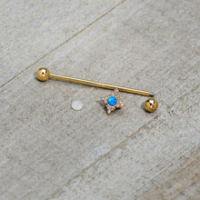 Load image into Gallery viewer, 14G Blue Synthetic Opal Gold Tone Rhombus Industrial Barbell 38mm
