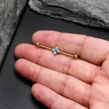 Load image into Gallery viewer, 14G Blue Synthetic Opal Gold Tone Rhombus Industrial Barbell 38mm

