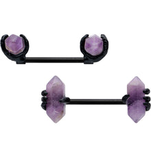 Load image into Gallery viewer, 14G 9/16 Purple Amethyst Black Claw Obelisk Barbell Nipple Ring Set
