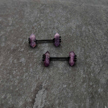 Load image into Gallery viewer, 14G 9/16 Purple Amethyst Black Claw Obelisk Barbell Nipple Ring Set

