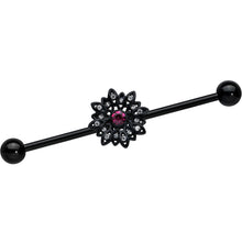 Load image into Gallery viewer, 14G Clear Pink Gem Black Midnight Flower Industrial Barbell 38mm
