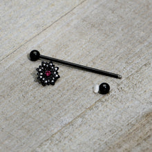 Load image into Gallery viewer, 14G Clear Pink Gem Black Midnight Flower Industrial Barbell 38mm
