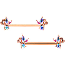 Load image into Gallery viewer, 14G 5/8 Aurora CZ Gem Rosy Hue Fleur de Lis Butterfly Barbell Nipple Ring Set
