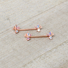 Load image into Gallery viewer, 14G 5/8 Aurora CZ Gem Rosy Hue Fleur de Lis Butterfly Barbell Nipple Ring Set
